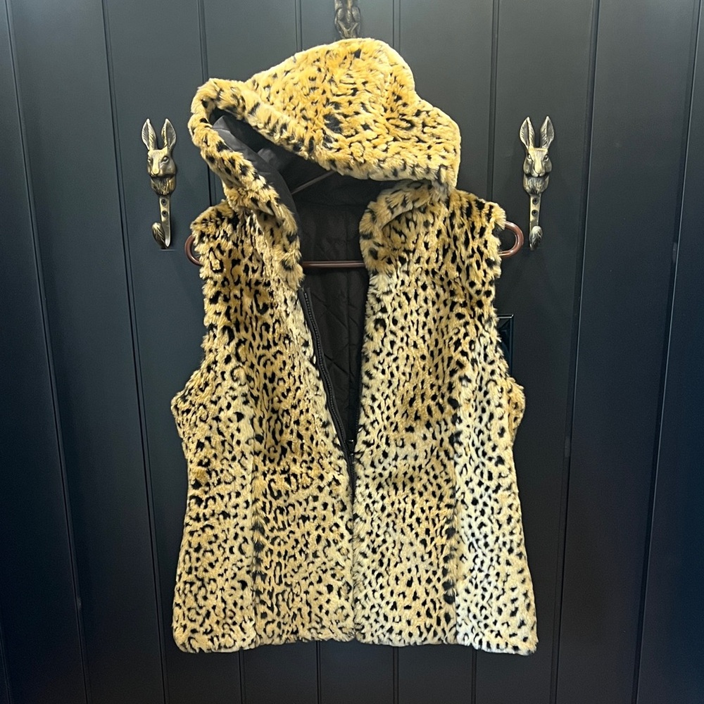 Leopard Print Faux Fur Vest with Hood